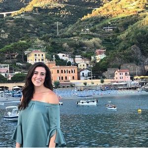 Teal satin off shoulder dress